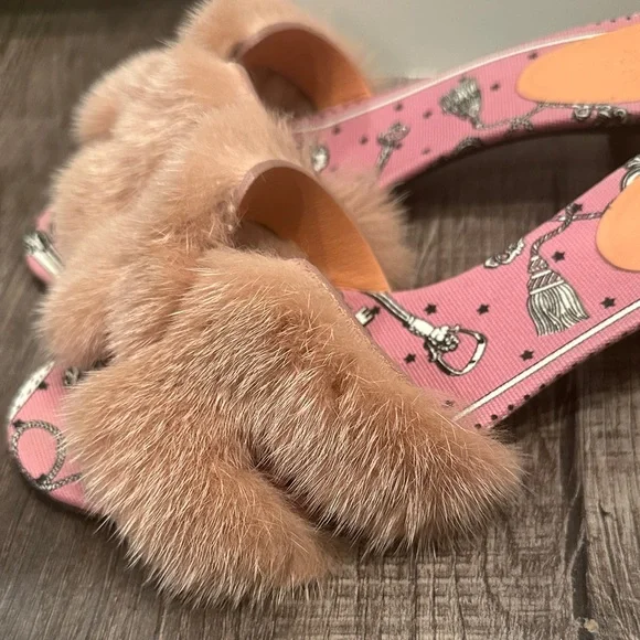 Limited addition hard to find Hermes Pink Fur Slide Mules - Picture 3 of 10